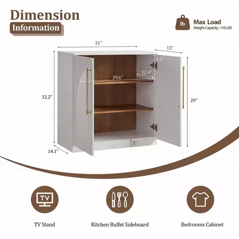 Buffet d'appoint blanc à 2 portes, buffet modulable avec rangement, console à portes cintrées symétriques pour salle à manger, salon
