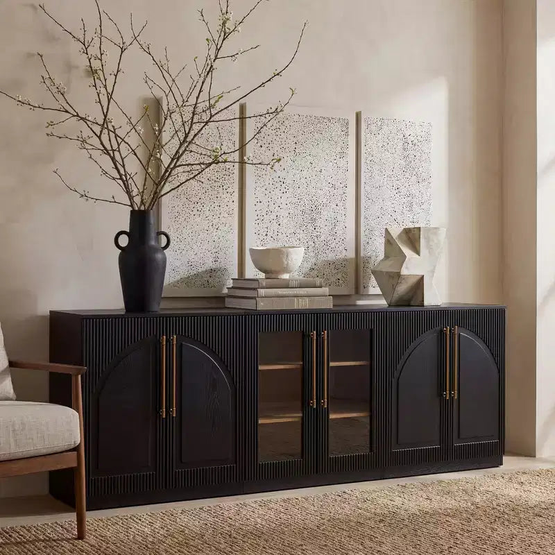 Buffet d'appoint blanc à 2 portes, buffet modulable avec rangement, console à portes cintrées symétriques pour salle à manger, salon
