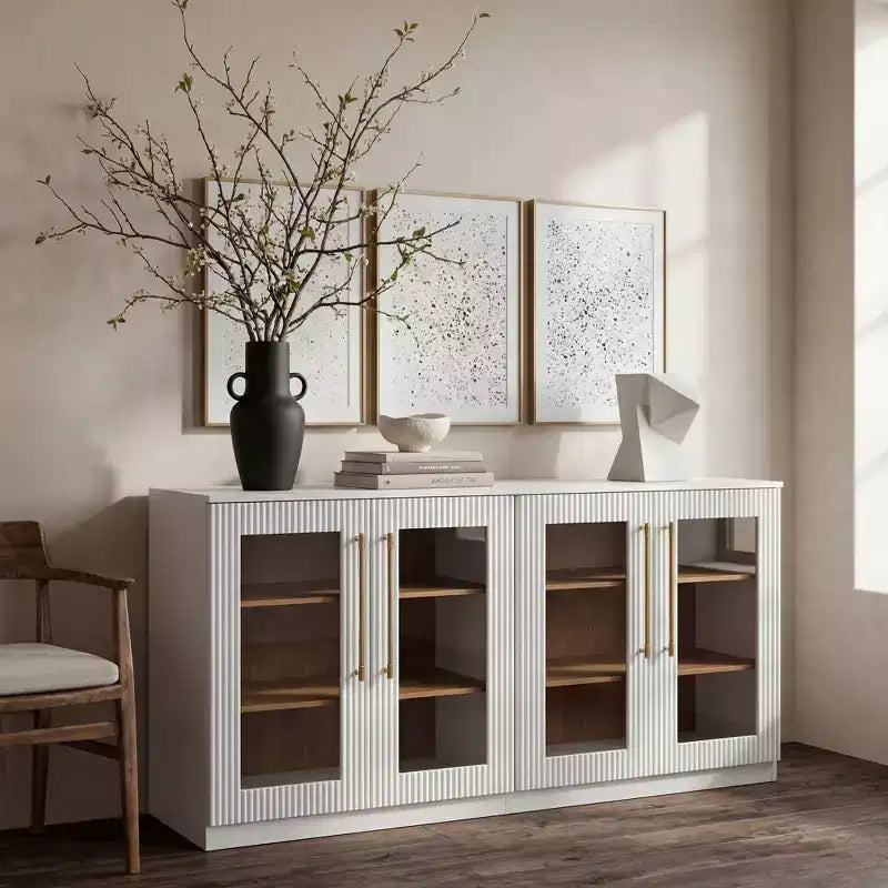 Buffet d'appoint blanc à 2 portes, buffet modulable avec rangement, console à portes cintrées symétriques pour salle à manger, salon
