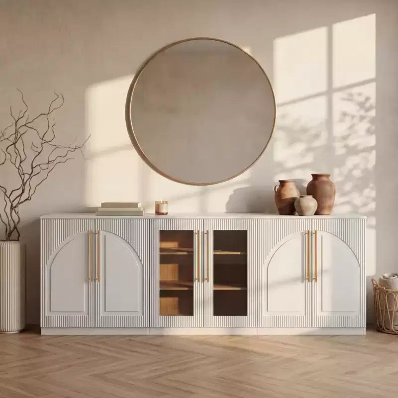 Buffet d'appoint blanc à 2 portes, buffet modulable avec rangement, console à portes cintrées symétriques pour salle à manger, salon