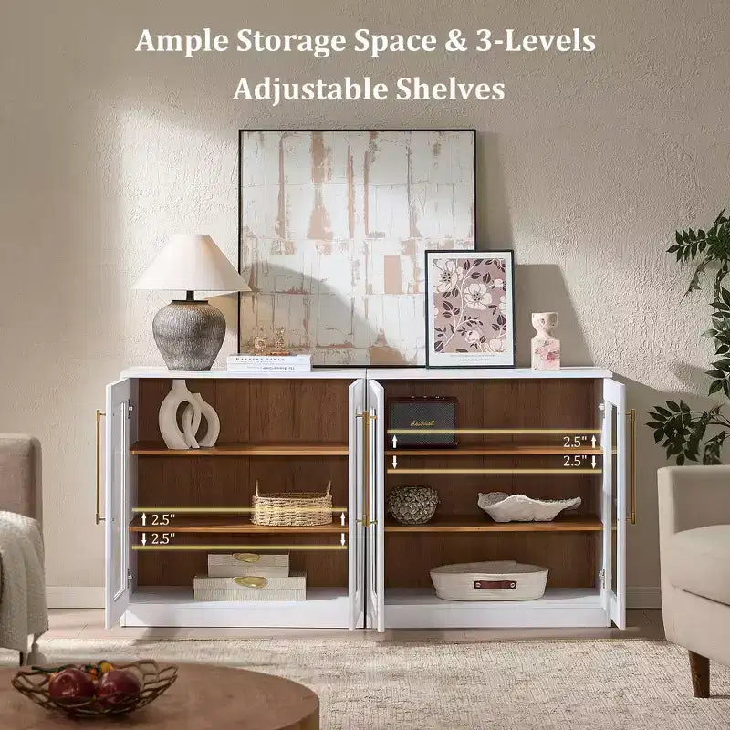 Buffet d'appoint blanc à 2 portes, buffet modulable avec rangement, console à portes cintrées symétriques pour salle à manger, salon