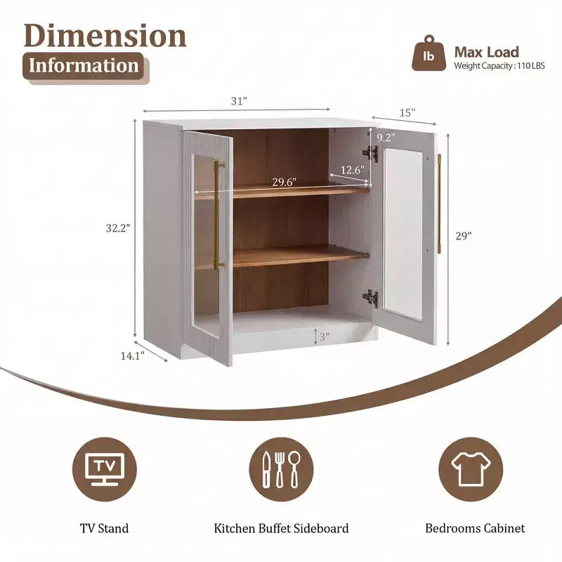 Buffet d'appoint blanc à 2 portes, buffet modulable avec rangement, console à portes cintrées symétriques pour salle à manger, salon