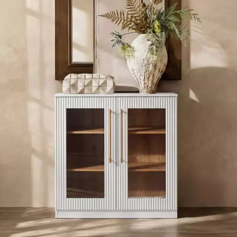 Buffet d'appoint blanc à 2 portes, buffet modulable avec rangement, console à portes cintrées symétriques pour salle à manger, salon