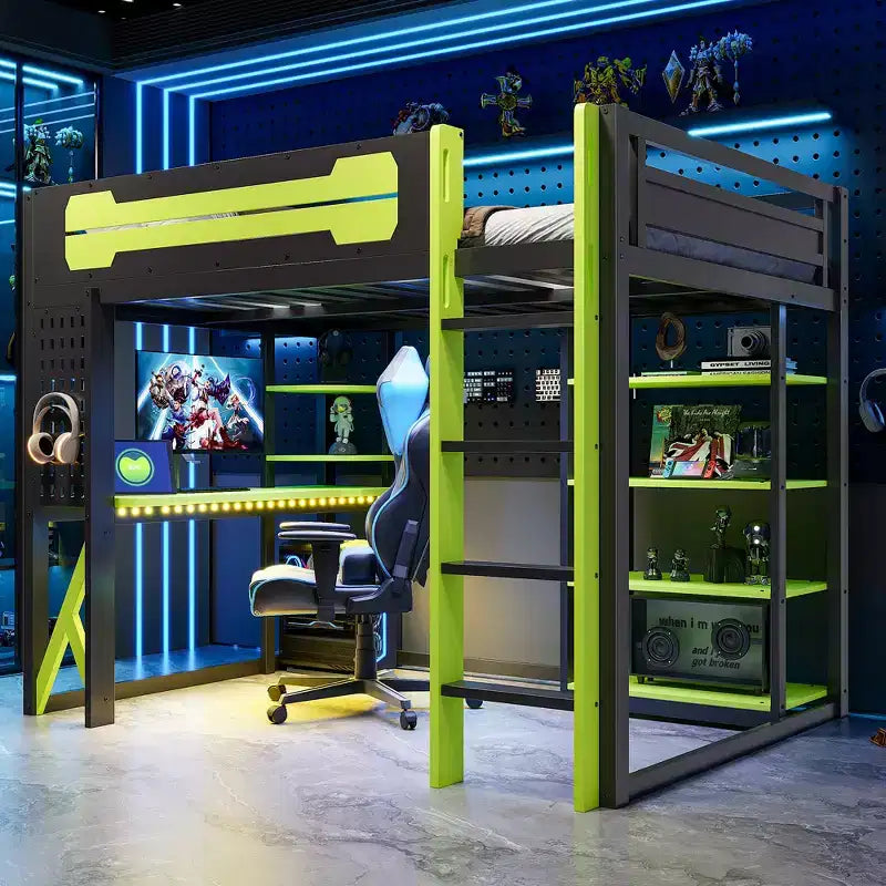 Lit mezzanine en bois pleine grandeur avec bureau, étagère, station de recharge et lumière RVB
