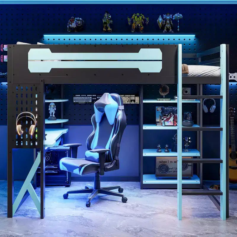Full Size Wood Loft Bed with Desk, Bookshelf, Charging Station & RGB Light - ModernLuxe