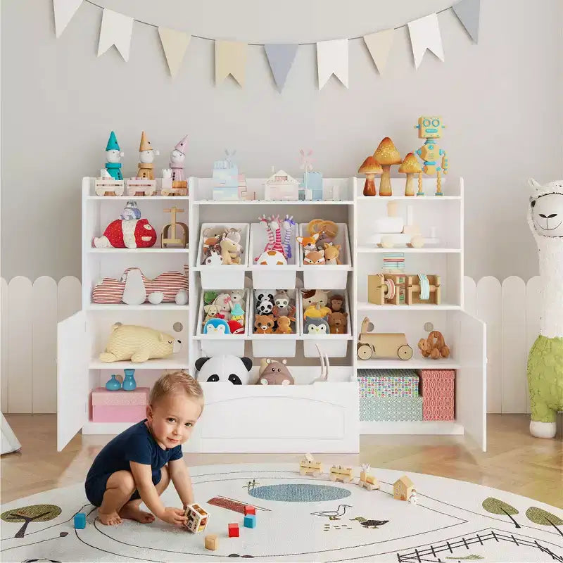 White Kids Storage Cabinet with Doors, Wooden Toy Storage Organizer for Playroom, Toddler Bookshelf and Toy Storage Cubbies