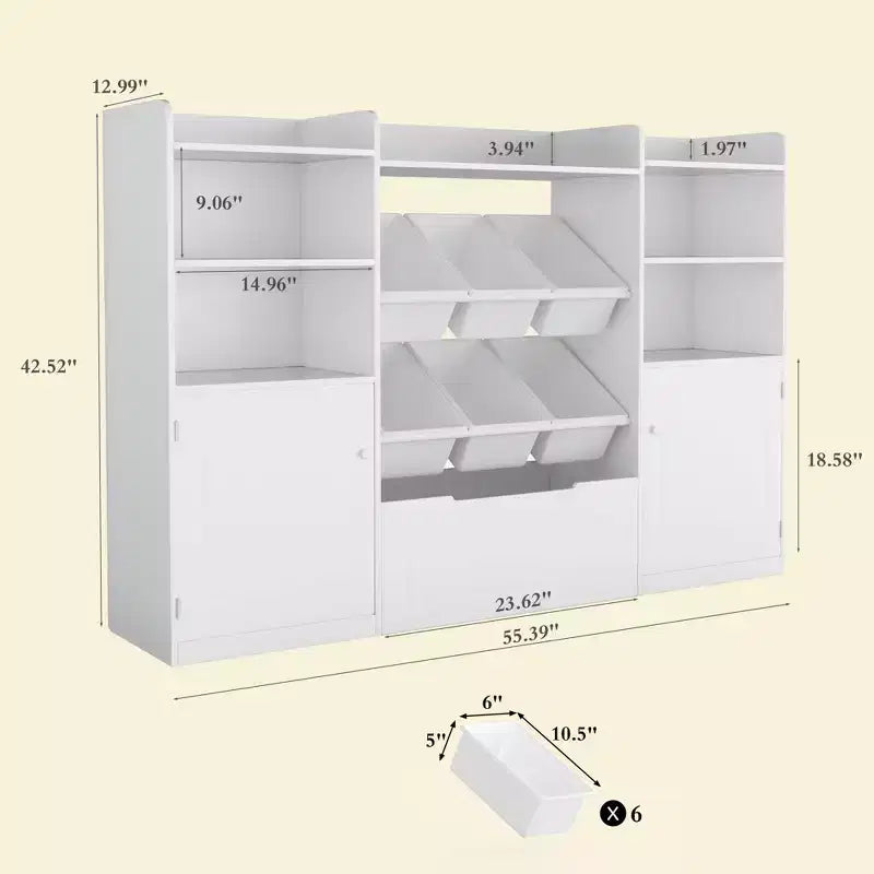 Meuble de rangement blanc pour enfants avec portes, organisateur de jouets en bois pour salle de jeux, étagère à livres et casiers de rangement pour jouets pour tout-petits
