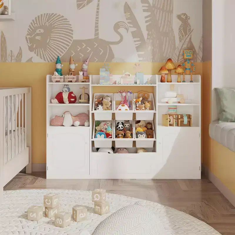 Meuble de rangement blanc pour enfants avec portes, organisateur de jouets en bois pour salle de jeux, étagère à livres et casiers de rangement pour jouets pour tout-petits