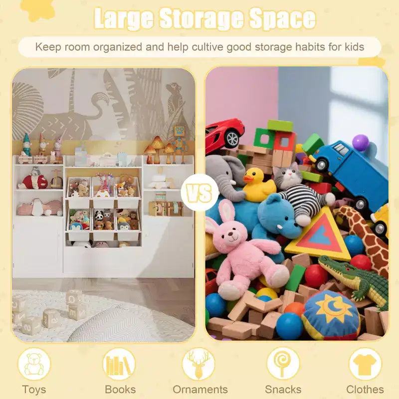 Meuble de rangement blanc pour enfants avec portes, organisateur de jouets en bois pour salle de jeux, étagère à livres et casiers de rangement pour jouets pour tout-petits