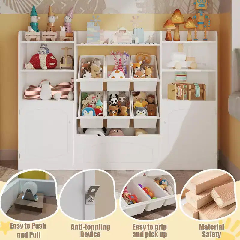 Meuble de rangement blanc pour enfants avec portes, organisateur de jouets en bois pour salle de jeux, étagère à livres et casiers de rangement pour jouets pour tout-petits