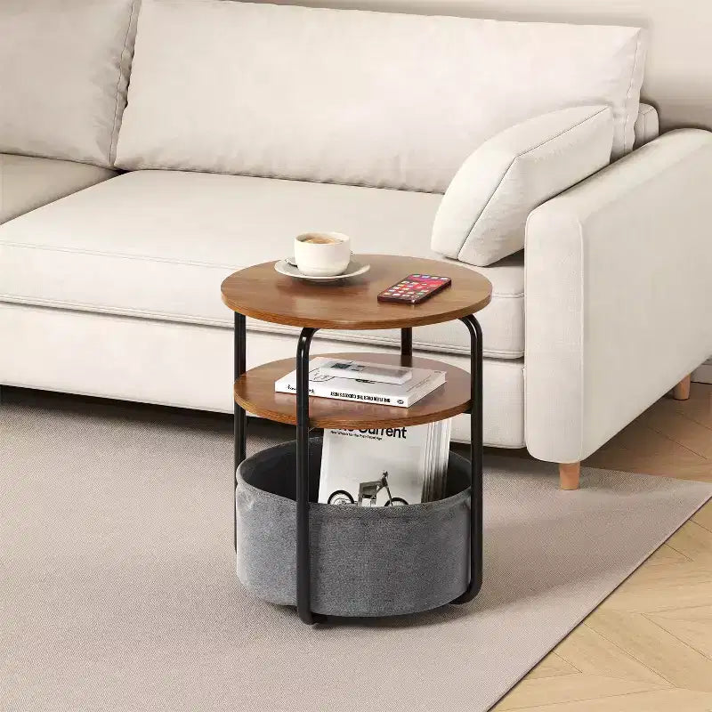 Table d'appoint ronde compacte à 3 niveaux avec sac de rangement, table d'appoint vintage de 60 cm pour salon, chambre et petits espaces
