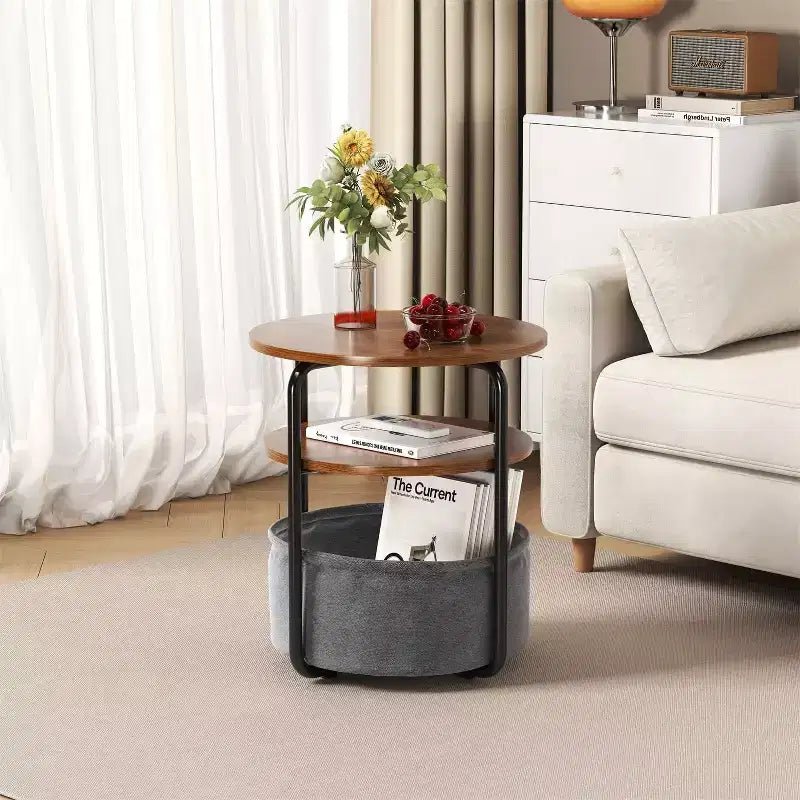 Table d'appoint ronde compacte à 3 niveaux avec sac de rangement, table d'appoint vintage de 60 cm pour salon, chambre et petits espaces