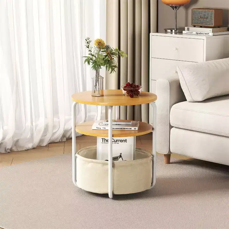 Table d'appoint ronde compacte à 3 niveaux avec sac de rangement, table d'appoint vintage de 60 cm pour salon, chambre et petits espaces