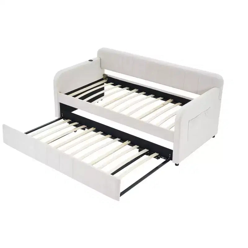 Lit de repos double avec lit gigogne, canapé-lit en velours avec ports USB et poches latérales pour salon, chambre à coucher, chambre d'amis