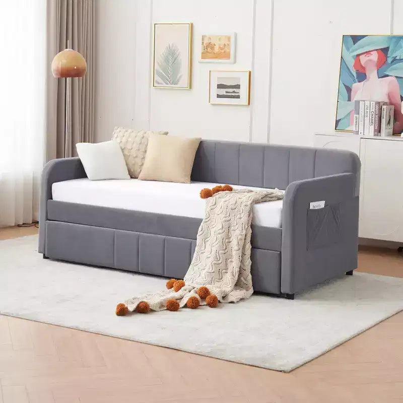 Lit de repos double avec lit gigogne, canapé-lit en velours avec ports USB et poches latérales pour salon, chambre à coucher, chambre d'amis