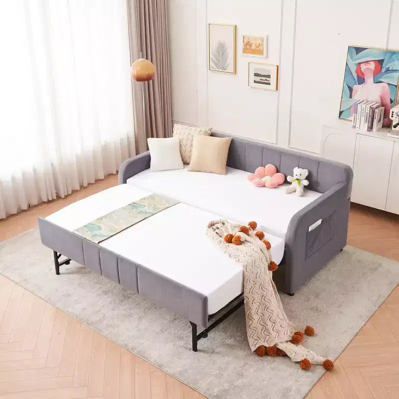 Lit de repos double avec lit gigogne, canapé-lit en velours avec ports USB et poches latérales pour salon, chambre à coucher, chambre d'amis