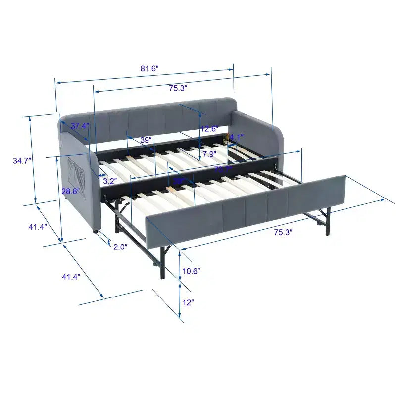 Lit de repos double avec lit gigogne, canapé-lit en velours avec ports USB et poches latérales pour salon, chambre à coucher, chambre d'amis