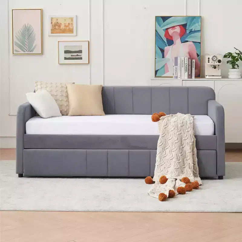 Lit de repos double avec lit gigogne, canapé-lit en velours avec ports USB et poches latérales pour salon, chambre à coucher, chambre d'amis