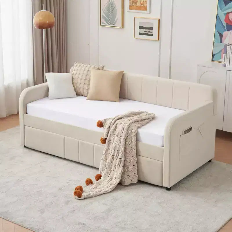 Lit de repos double avec lit gigogne, canapé-lit en velours avec ports USB et poches latérales pour salon, chambre à coucher, chambre d'amis