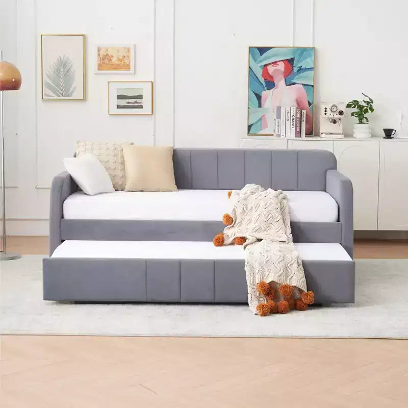 Lit de repos double avec lit gigogne, canapé-lit en velours avec ports USB et poches latérales pour salon, chambre à coucher, chambre d'amis