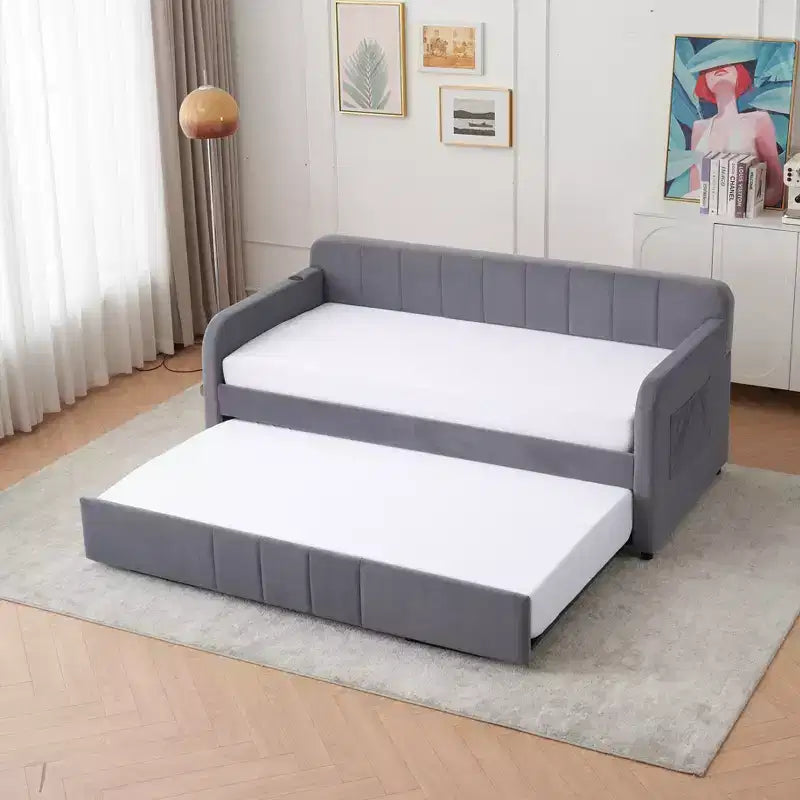 Lit de repos double avec lit gigogne, canapé-lit en velours avec ports USB et poches latérales pour salon, chambre à coucher, chambre d'amis