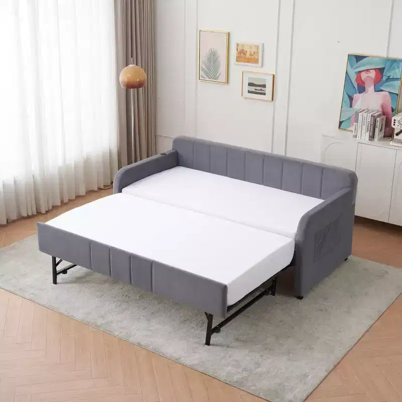 Lit de repos double avec lit gigogne, canapé-lit en velours avec ports USB et poches latérales pour salon, chambre à coucher, chambre d'amis