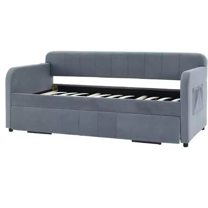 Lit de repos double avec lit gigogne, canapé-lit en velours avec ports USB et poches latérales pour salon, chambre à coucher, chambre d'amis