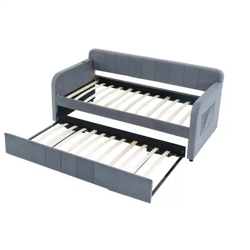 Lit de repos double avec lit gigogne, canapé-lit en velours avec ports USB et poches latérales pour salon, chambre à coucher, chambre d'amis