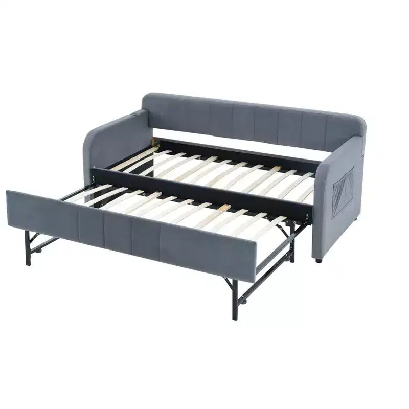 Lit de repos double avec lit gigogne, canapé-lit en velours avec ports USB et poches latérales pour salon, chambre à coucher, chambre d'amis