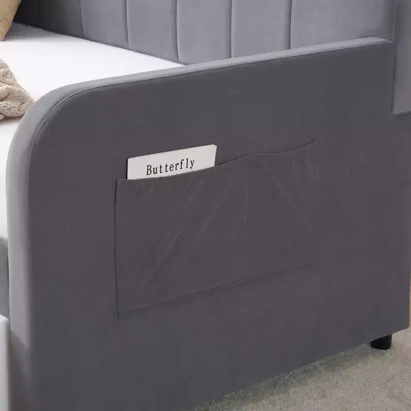 Lit de repos double avec lit gigogne, canapé-lit en velours avec ports USB et poches latérales pour salon, chambre à coucher, chambre d'amis