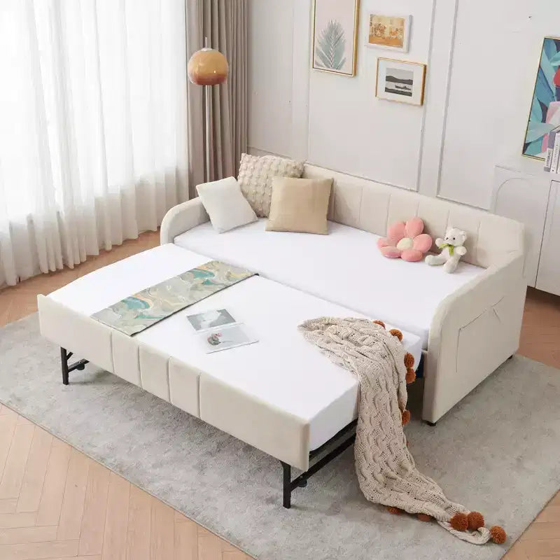 Lit de repos double avec lit gigogne, canapé-lit en velours avec ports USB et poches latérales pour salon, chambre à coucher, chambre d'amis