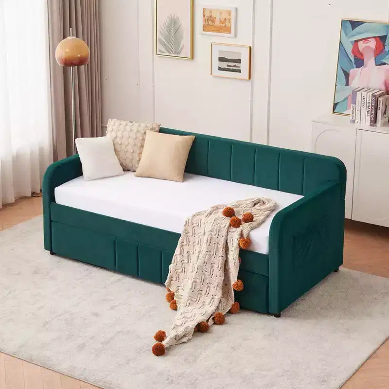 Lit de repos double avec lit gigogne, canapé-lit en velours avec ports USB et poches latérales pour salon, chambre à coucher, chambre d'amis