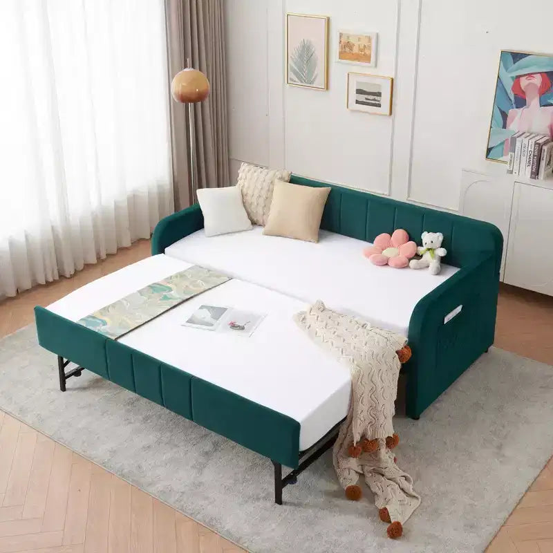 Lit de repos double avec lit gigogne, canapé-lit en velours avec ports USB et poches latérales pour salon, chambre à coucher, chambre d'amis