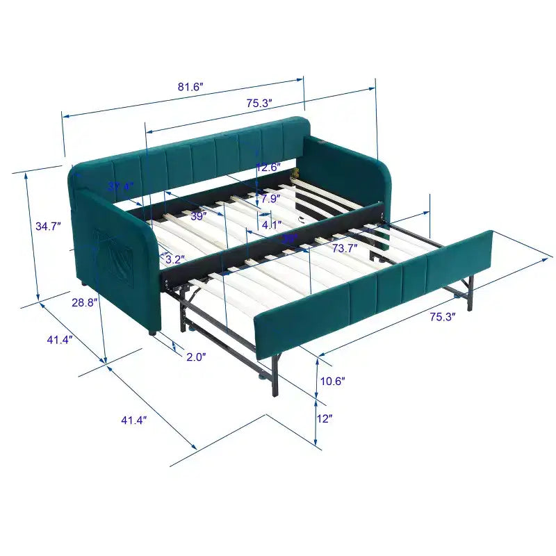 Lit de repos double avec lit gigogne, canapé-lit en velours avec ports USB et poches latérales pour salon, chambre à coucher, chambre d'amis