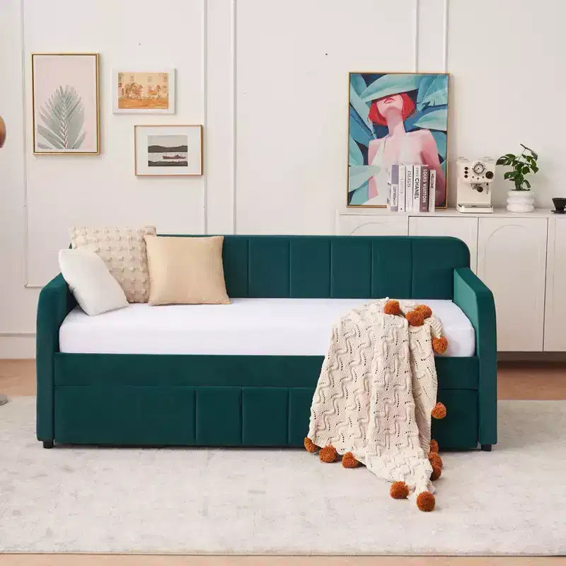 Lit de repos double avec lit gigogne, canapé-lit en velours avec ports USB et poches latérales pour salon, chambre à coucher, chambre d'amis
