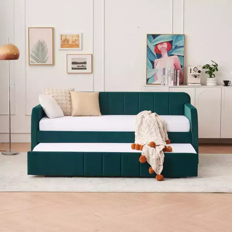 Lit de repos double avec lit gigogne, canapé-lit en velours avec ports USB et poches latérales pour salon, chambre à coucher, chambre d'amis