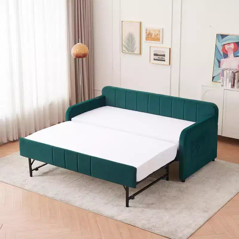 Lit de repos double avec lit gigogne, canapé-lit en velours avec ports USB et poches latérales pour salon, chambre à coucher, chambre d'amis