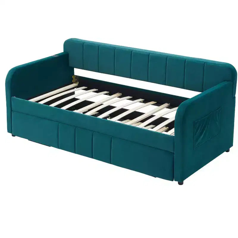 Lit de repos double avec lit gigogne, canapé-lit en velours avec ports USB et poches latérales pour salon, chambre à coucher, chambre d'amis