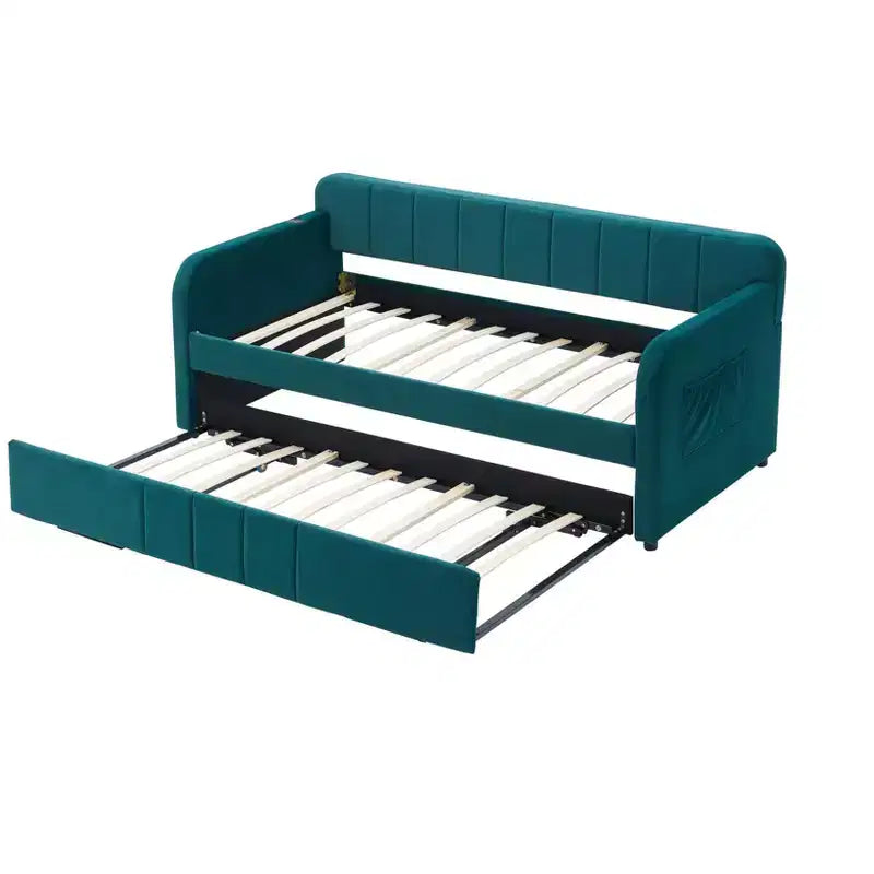 Lit de repos double avec lit gigogne, canapé-lit en velours avec ports USB et poches latérales pour salon, chambre à coucher, chambre d'amis