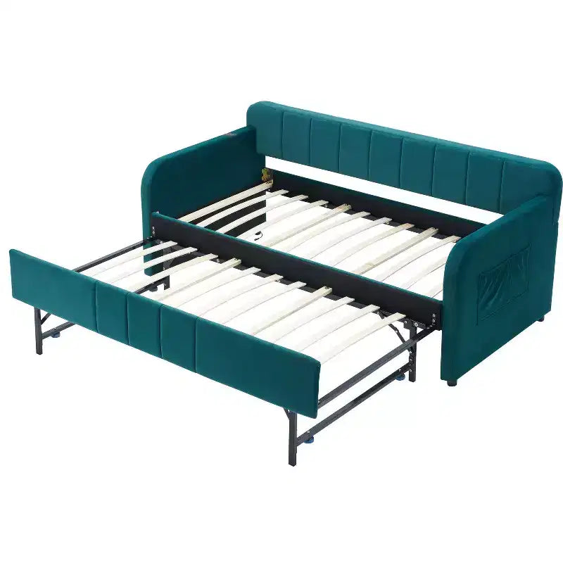 Lit de repos double avec lit gigogne, canapé-lit en velours avec ports USB et poches latérales pour salon, chambre à coucher, chambre d'amis