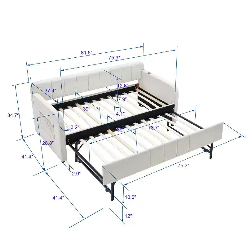 Lit de repos double avec lit gigogne, canapé-lit en velours avec ports USB et poches latérales pour salon, chambre à coucher, chambre d'amis