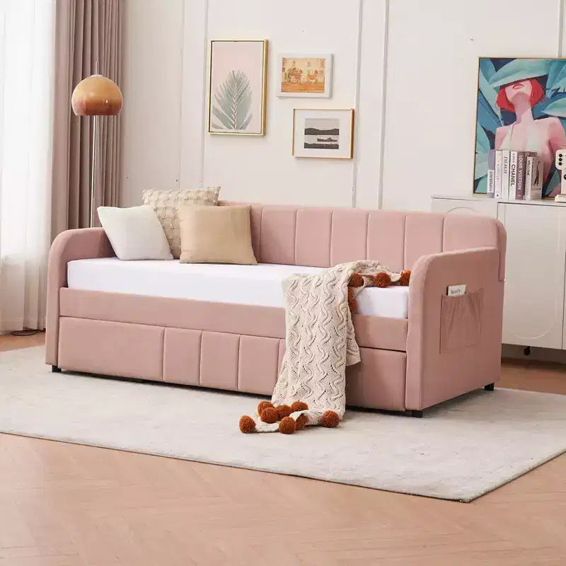 Lit de repos double avec lit gigogne, canapé-lit en velours avec ports USB et poches latérales pour salon, chambre à coucher, chambre d'amis
