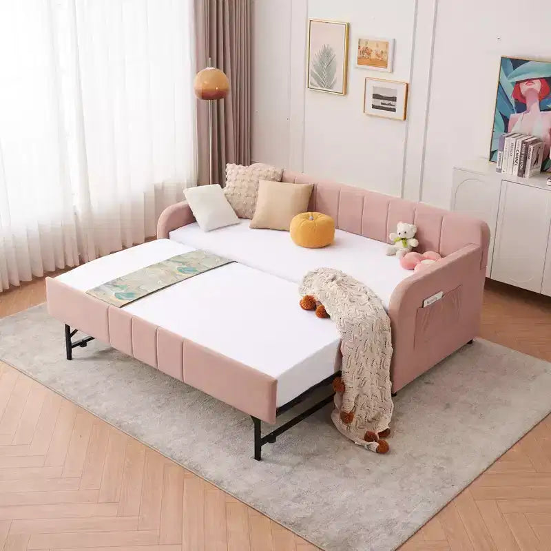 Lit de repos double avec lit gigogne, canapé-lit en velours avec ports USB et poches latérales pour salon, chambre à coucher, chambre d'amis