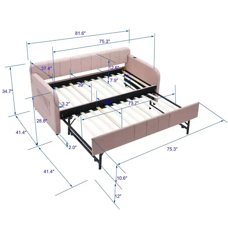 Lit de repos double avec lit gigogne, canapé-lit en velours avec ports USB et poches latérales pour salon, chambre à coucher, chambre d'amis