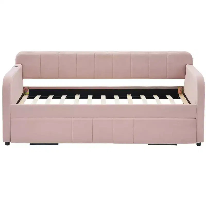 Lit de repos double avec lit gigogne, canapé-lit en velours avec ports USB et poches latérales pour salon, chambre à coucher, chambre d'amis