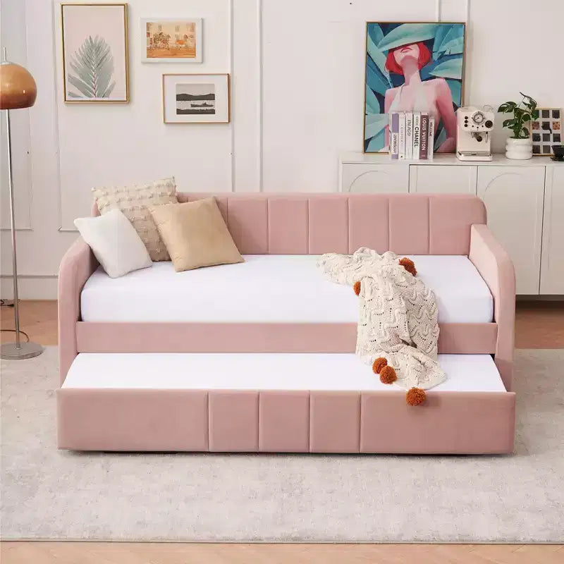 Lit de repos double avec lit gigogne, canapé-lit en velours avec ports USB et poches latérales pour salon, chambre à coucher, chambre d'amis