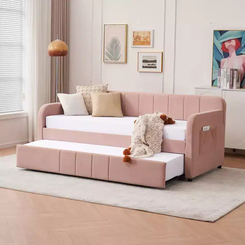 Lit de repos double avec lit gigogne, canapé-lit en velours avec ports USB et poches latérales pour salon, chambre à coucher, chambre d'amis