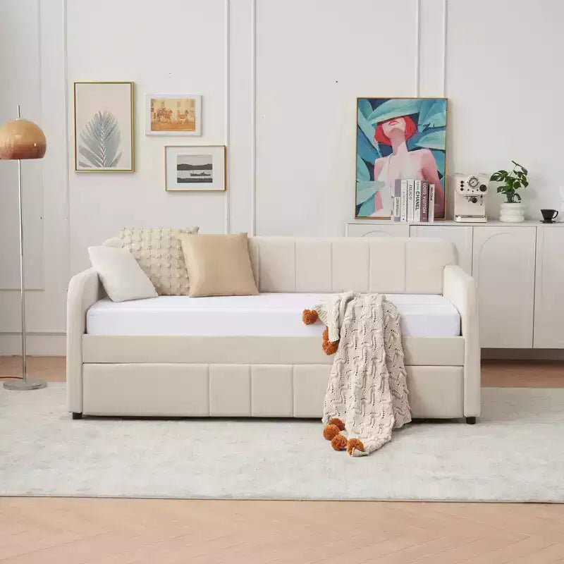 Lit de repos double avec lit gigogne, canapé-lit en velours avec ports USB et poches latérales pour salon, chambre à coucher, chambre d'amis