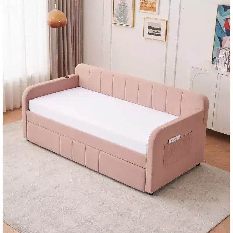 Lit de repos double avec lit gigogne, canapé-lit en velours avec ports USB et poches latérales pour salon, chambre à coucher, chambre d'amis