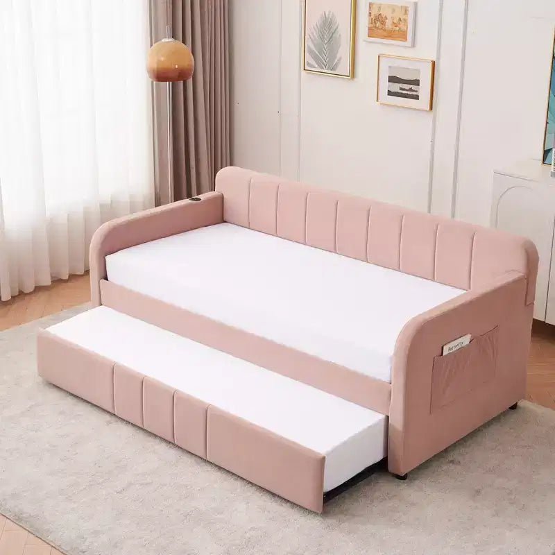 Lit de repos double avec lit gigogne, canapé-lit en velours avec ports USB et poches latérales pour salon, chambre à coucher, chambre d'amis